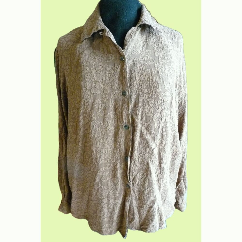 Vintage 90s Compagnie Internationale Express Floral Jacquard Silk Shirt Brown L